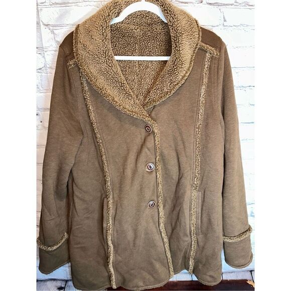 EDDIE BAUER SHERPA FAUX SHEARLING REVERSIBLE COAT SOFT BROWN TRENCH SOFT LARGE - Picture 11 of 12